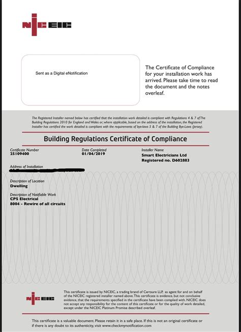 CERTIFICATE OF COMPLIANCE TO ELECTRICAL PLANT, .